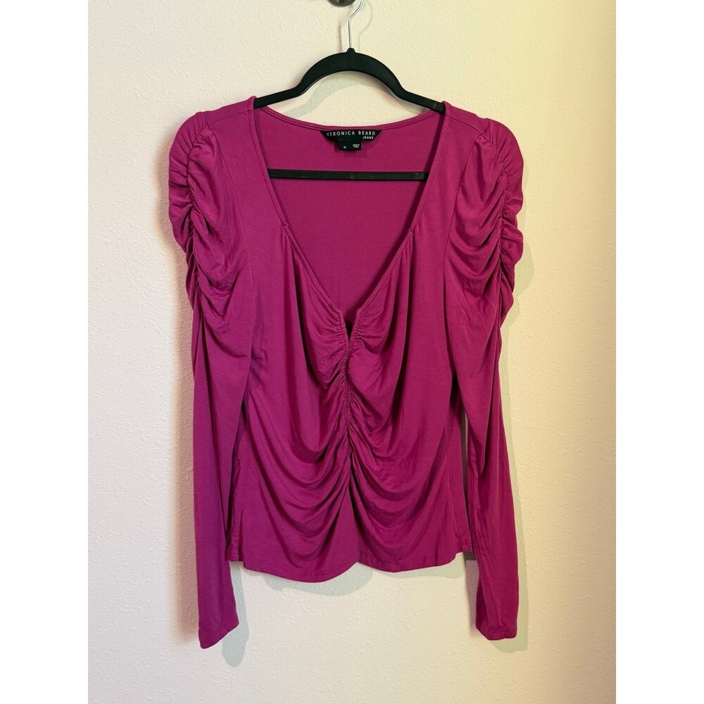 Veronica Beard Priyanka Ruched V-Neck Long Sleeve Top in Bright Magenta Size Med